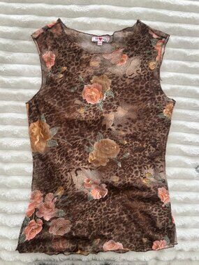 Sheer Mesh Leopard Floral Tank Top Size S Brown Rose Print Boho Y2K Layered Top